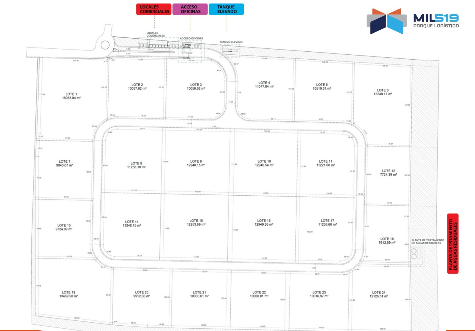 Plano maestro con los 24 lotes del Parque Logístico MIL519